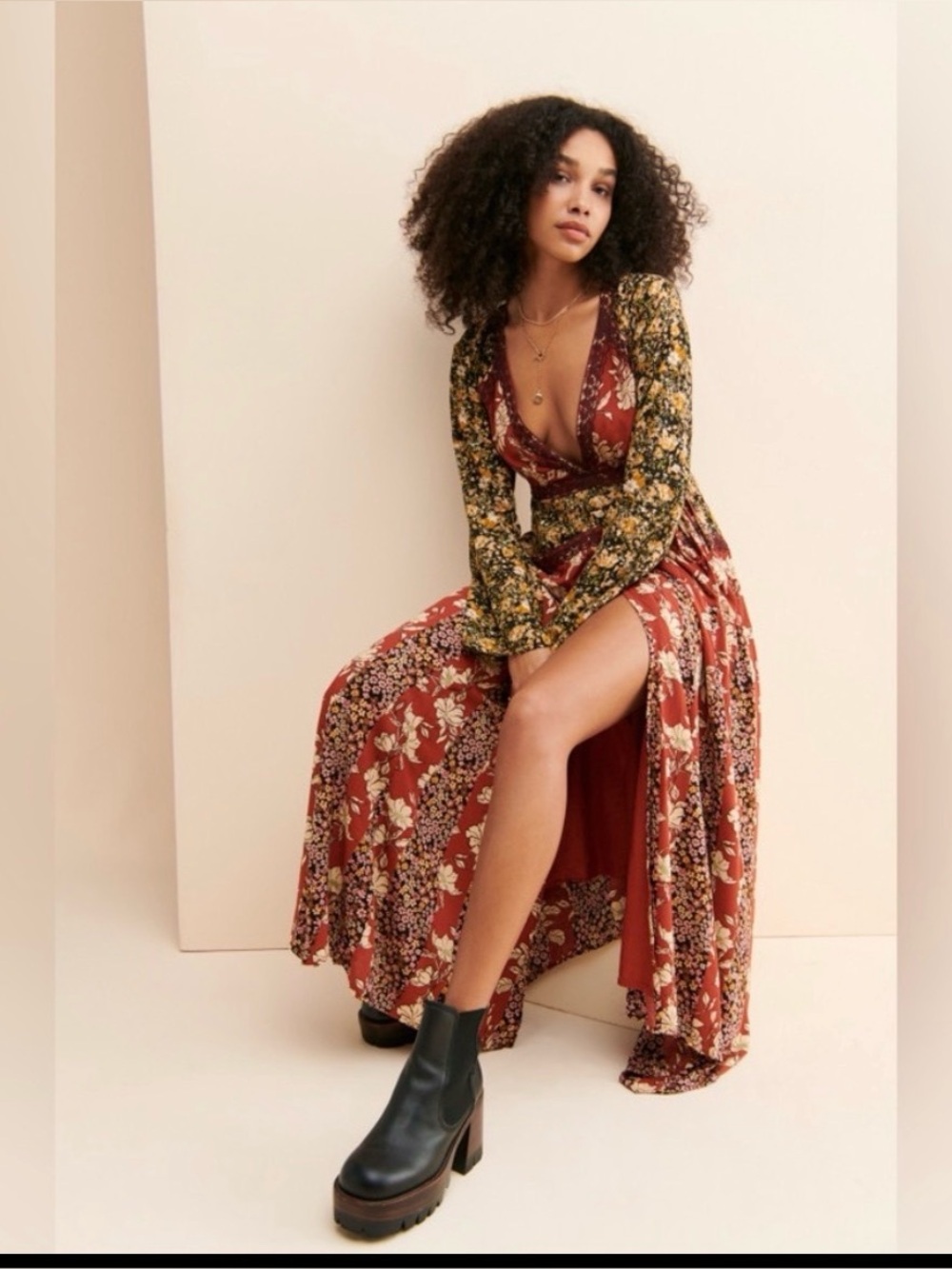 Free People Tilda Red/ Black/Floral Maxi Wrap Dress